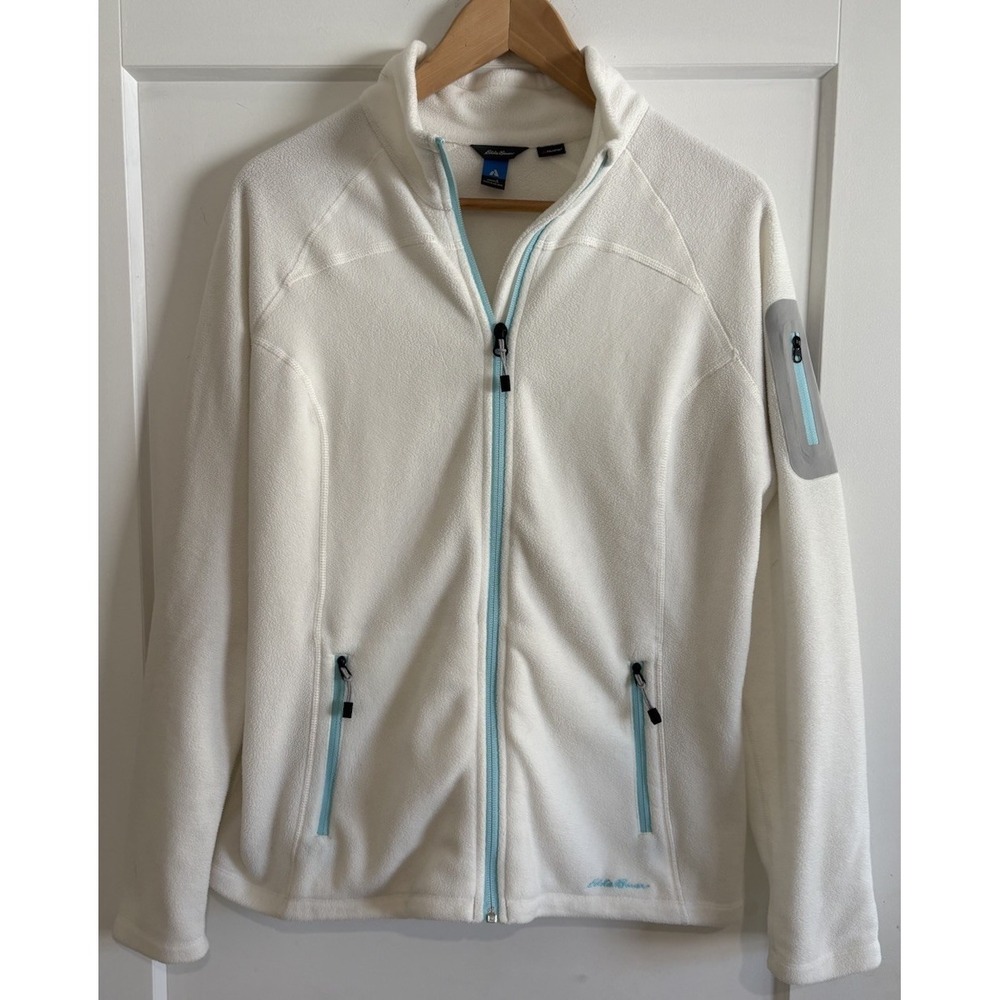 Eddie Bauer First Ascent Soft Fleece Jacket Womens Large White Aqua Zip EUC